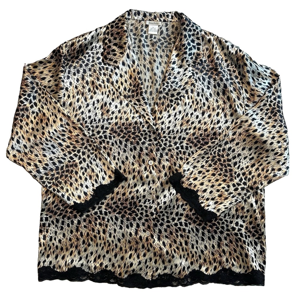 VTG Neiman Marcus 100% Silk Leopard Print Button Down Pajama Shirt Blouse Large